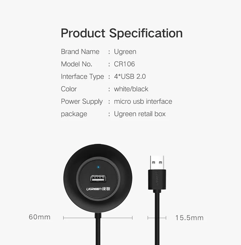 Bộ chia Hub USB 2.0 4 cổng màu đen 1M Ugreen (20277)