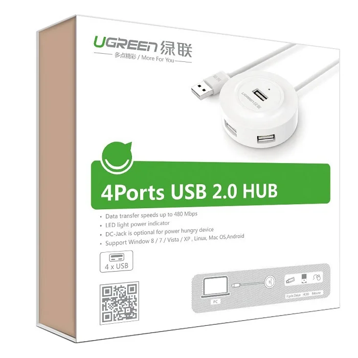 Bộ chia Hub USB 2.0 4 cổng màu trắng 1M Ugreen (20270)