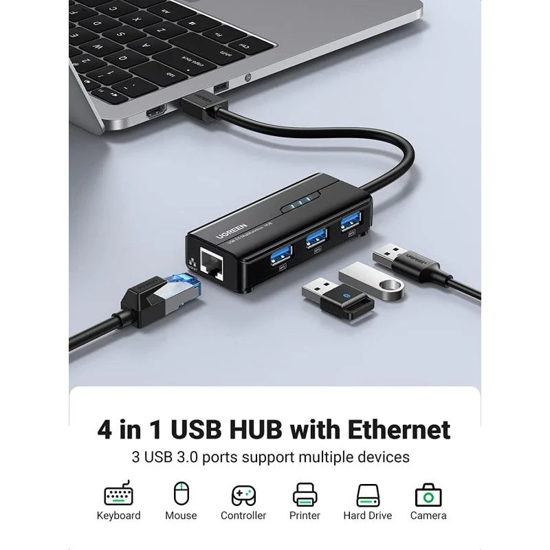 Bộ chia Hub USB 3.0 có 3 cổng và Giga Ethernet màu đen Ugreen (20265) — ảnh 3