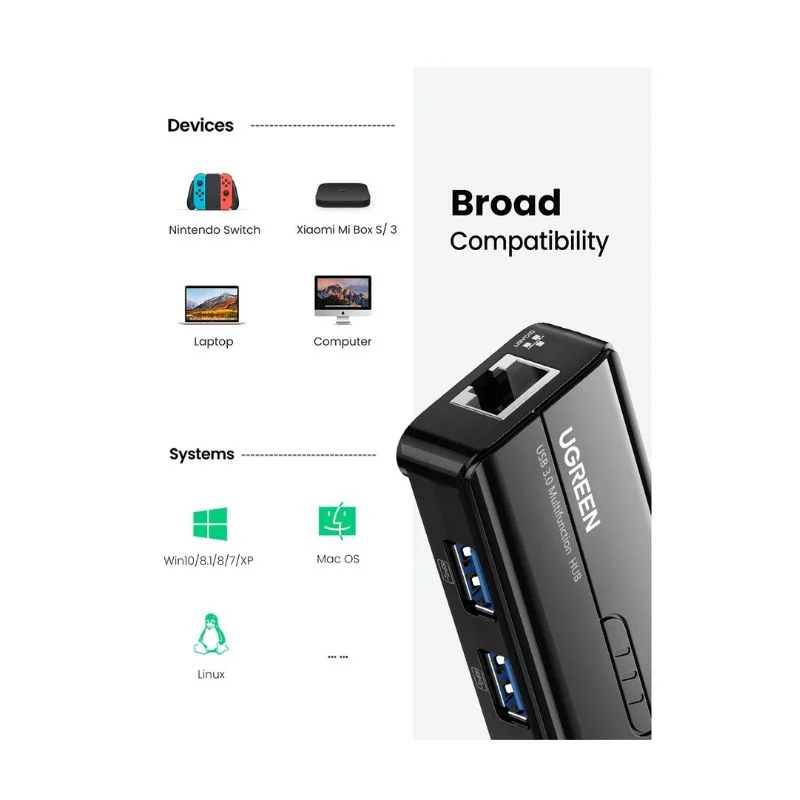 Bộ chia Hub USB 3.0 có 3 cổng và Giga Ethernet màu đen Ugreen (20265)
