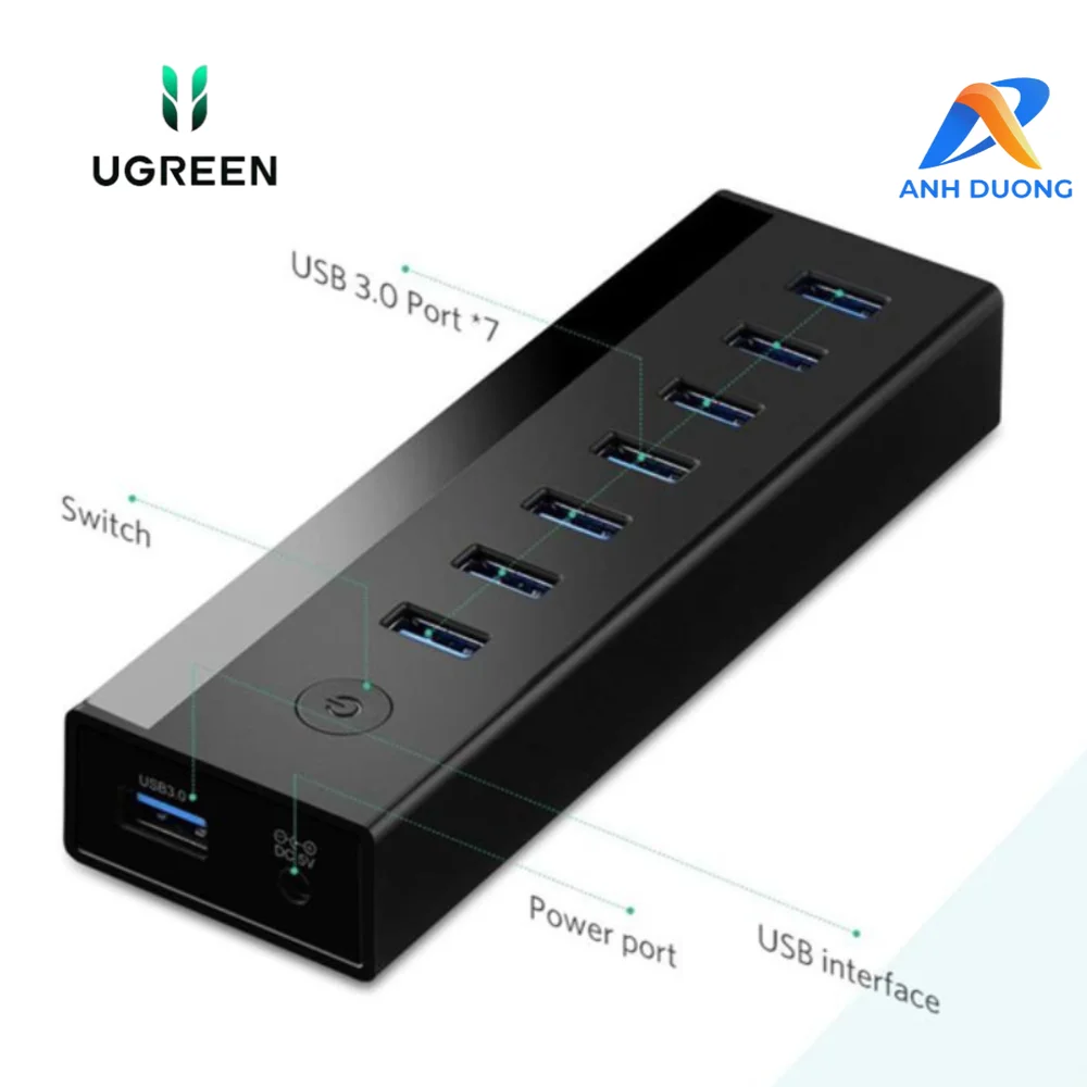 Bộ chia Hub USB 3.0 có 7 cổng màu đen nguồn 5V Ugreen (40522)