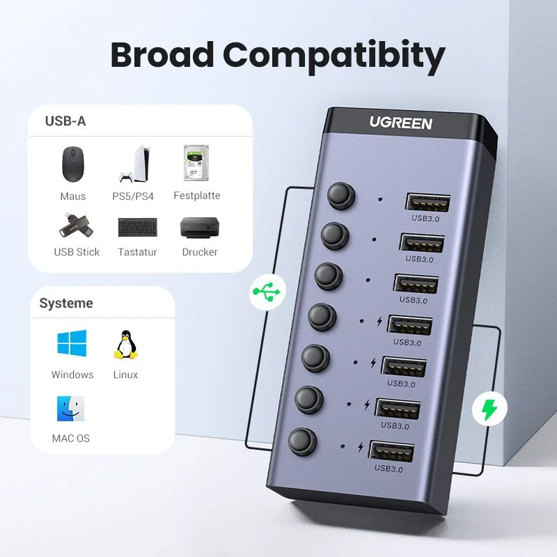 Bộ chia Hub USB 3.0 có 7 cổng màu đen nguồn 5V Ugreen (90305) — ảnh 5
