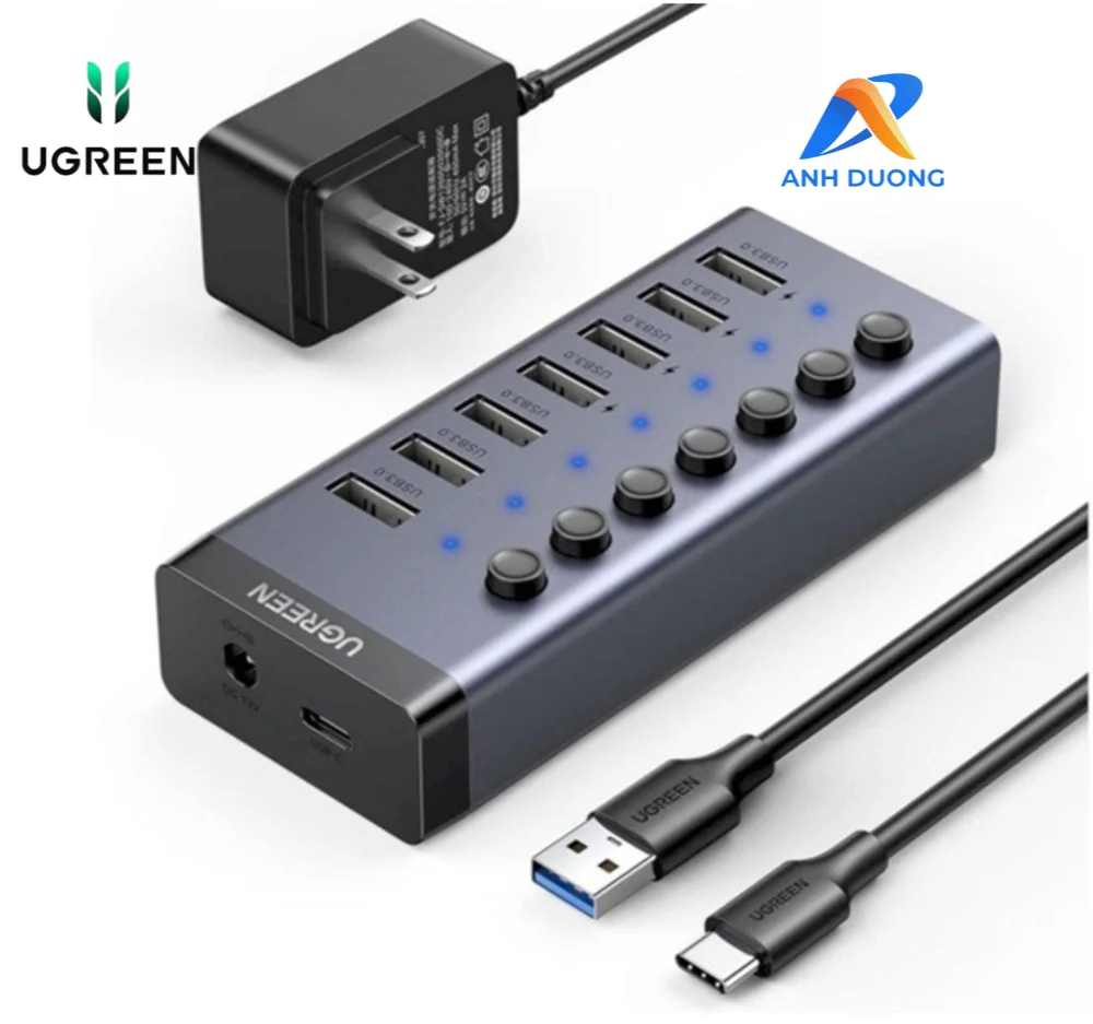 Bộ chia Hub USB 3.0 có 7 cổng màu đen nguồn 5V Ugreen (90305)