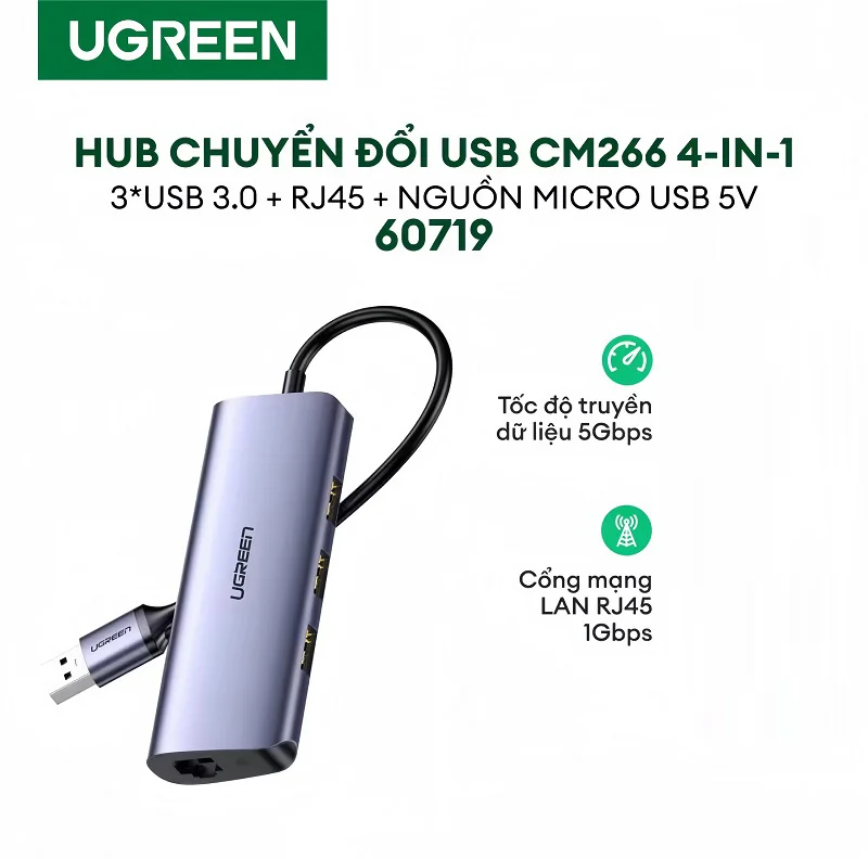 Bộ chia Hub USB 3.0 sang 3 cổng USB 3.0 và cổng mạng LAN Ugreen (60719)
