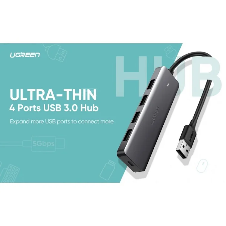 Bộ chia Hub USB 3.0 sang 4 cổng màu xám Ugreen (50985)