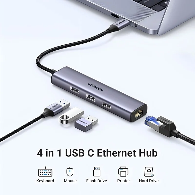 Bộ chia Hub USB-C ra 3 cổng USB 3.0 và cổng mạng dài 25cm Ugreen (60600)