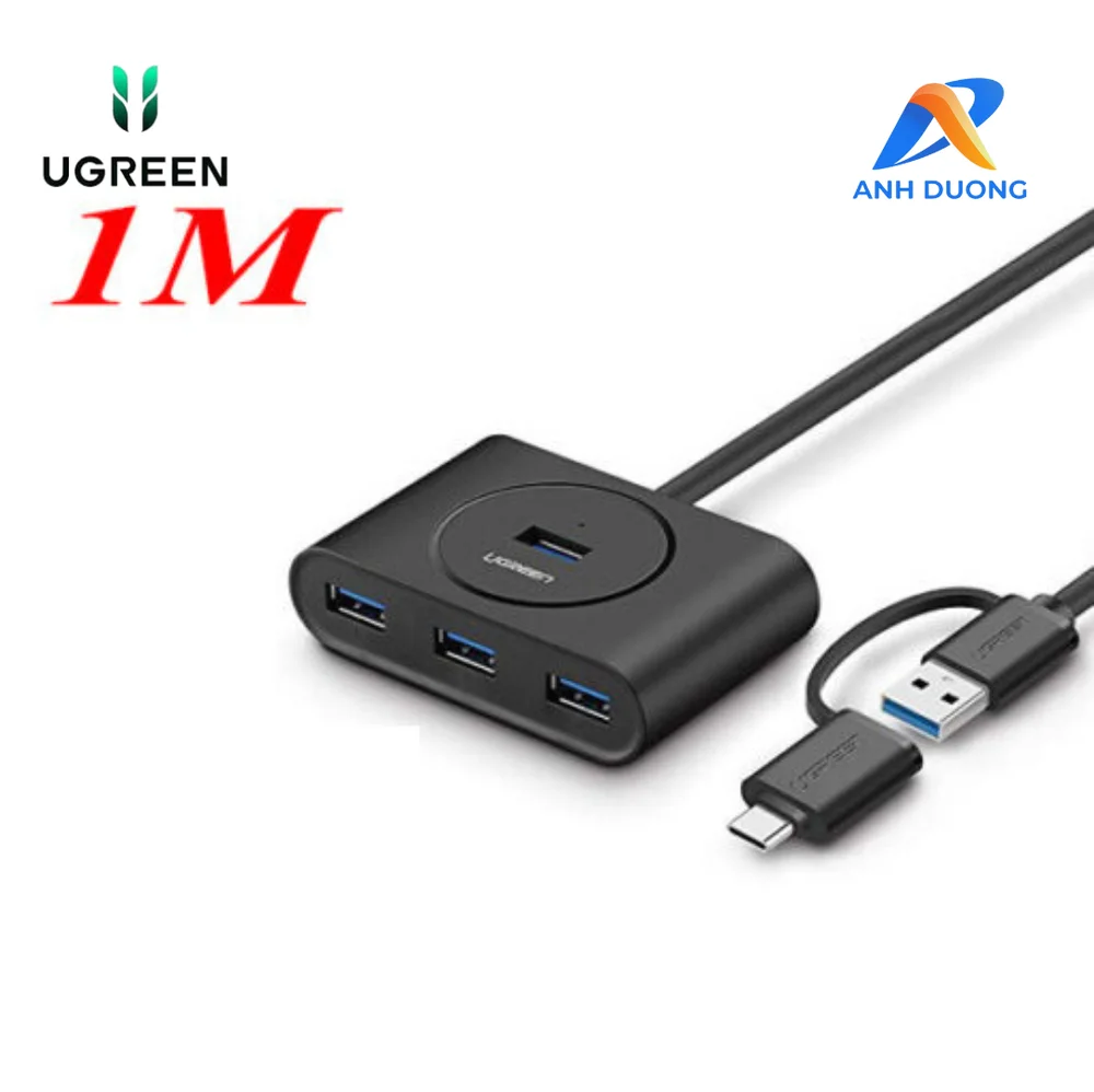 Bộ chia USB 3.0 + Type-C 4 cổng màu đen, dài 1M Ugreen (40850)