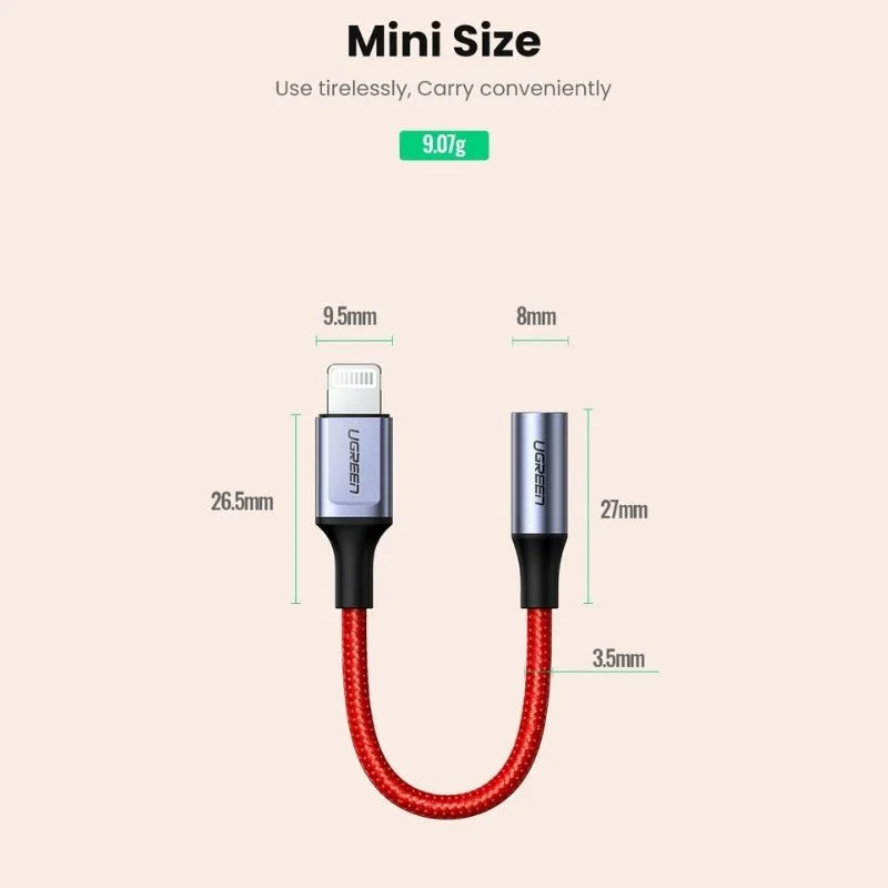 Bộ chuyển đổi có chipset lightning sang 3.5mm dài 7cm màu đỏ Ugreen (70507)