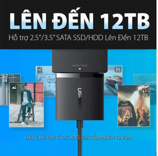 Bộ chuyển đổi có chipset USB 3.0 sang SATA, nguồn 12v-2A Ugreen (60561)