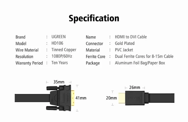 Bộ chuyển đổi HDMI sang DVI 24+1 dẹt, màu đen, dài 12M Ugreen 30141 — ảnh 5