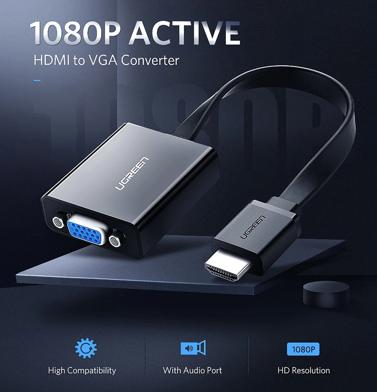 Bộ chuyển đổi HDMI sang VGA + Audio dẹt, có hỗ trợ nguồn Ugreen (40248)
