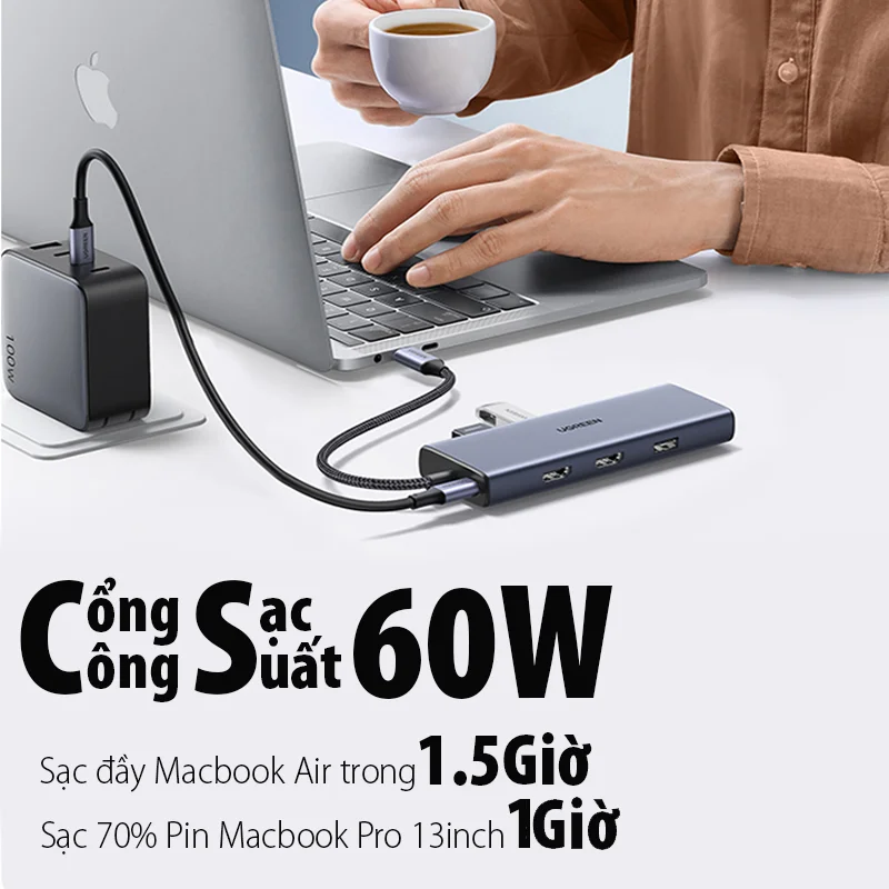 Bộ chuyển đổi Type C ra 2 cổng HDMI 4k@60Hz, cổng PD, 2 cổng USB3.0, đầu đọc thẻ SD/TF và cổng RJ45 Ugeen 90119 — ảnh 6