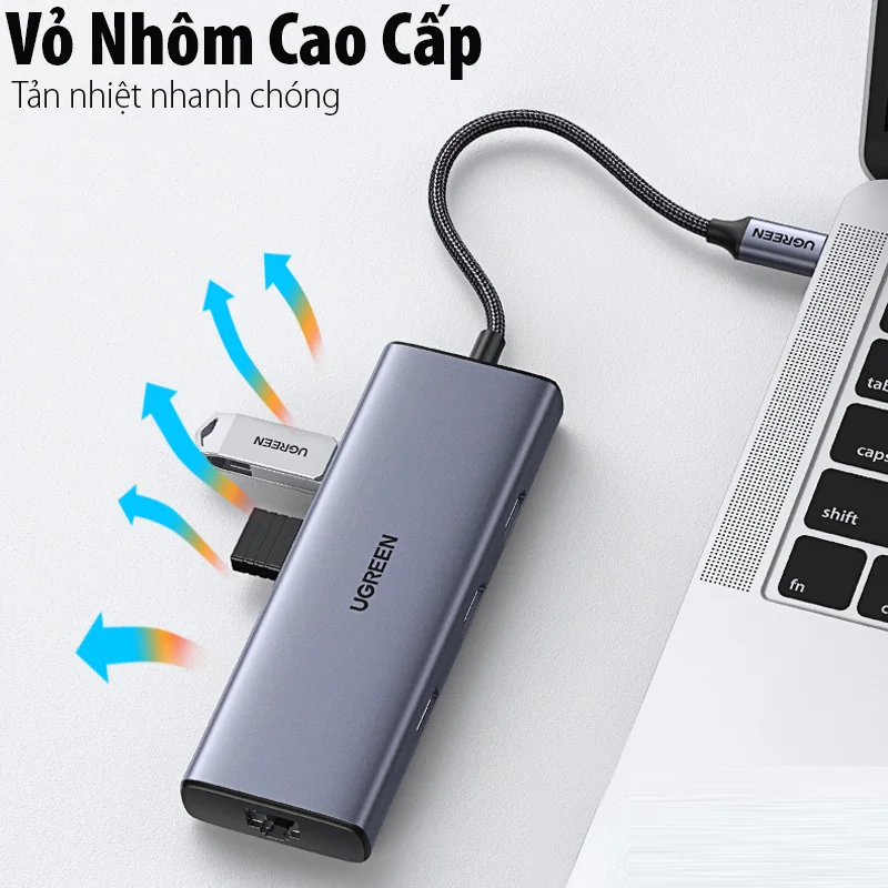 Bộ chuyển đổi Type C ra 2 cổng HDMI 4k@60Hz, cổng PD, 2 cổng USB3.0, đầu đọc thẻ SD/TF và cổng RJ45 Ugeen 90119 — ảnh 7