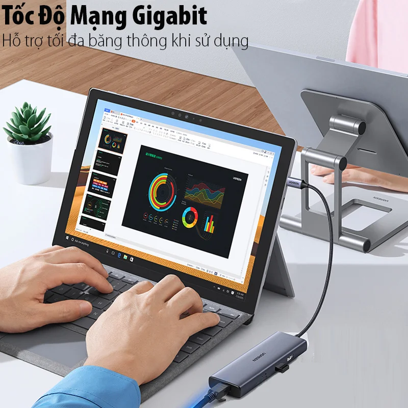 Bộ chuyển đổi Type C ra 2 cổng HDMI 4k@60Hz, cổng PD, 2 cổng USB3.0, đầu đọc thẻ SD/TF và cổng RJ45 Ugeen 90119