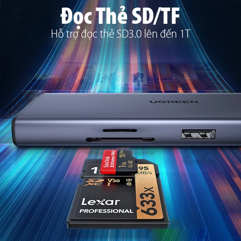Bộ chuyển đổi Type C ra 2 cổng HDMI 4k@60Hz, cổng PD, 2 cổng USB3.0, đầu đọc thẻ SD/TF và cổng RJ45 Ugeen 90119