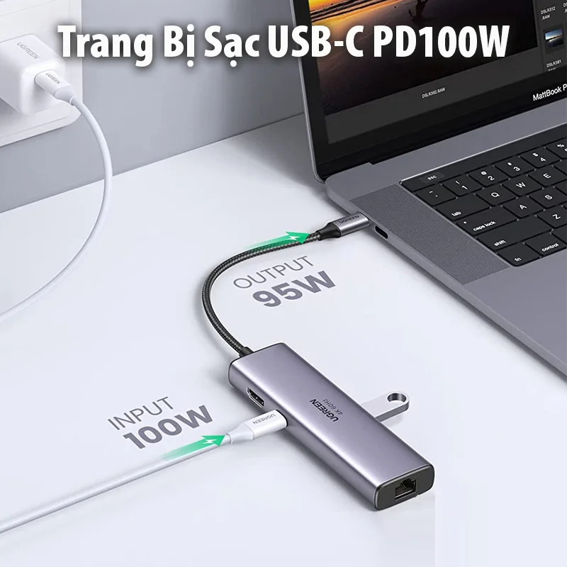 Bộ chuyển đổi Type C UGREEN 60515 2xUSB 3.0, HDMI, RJ45, SD, TF + PD — ảnh 4