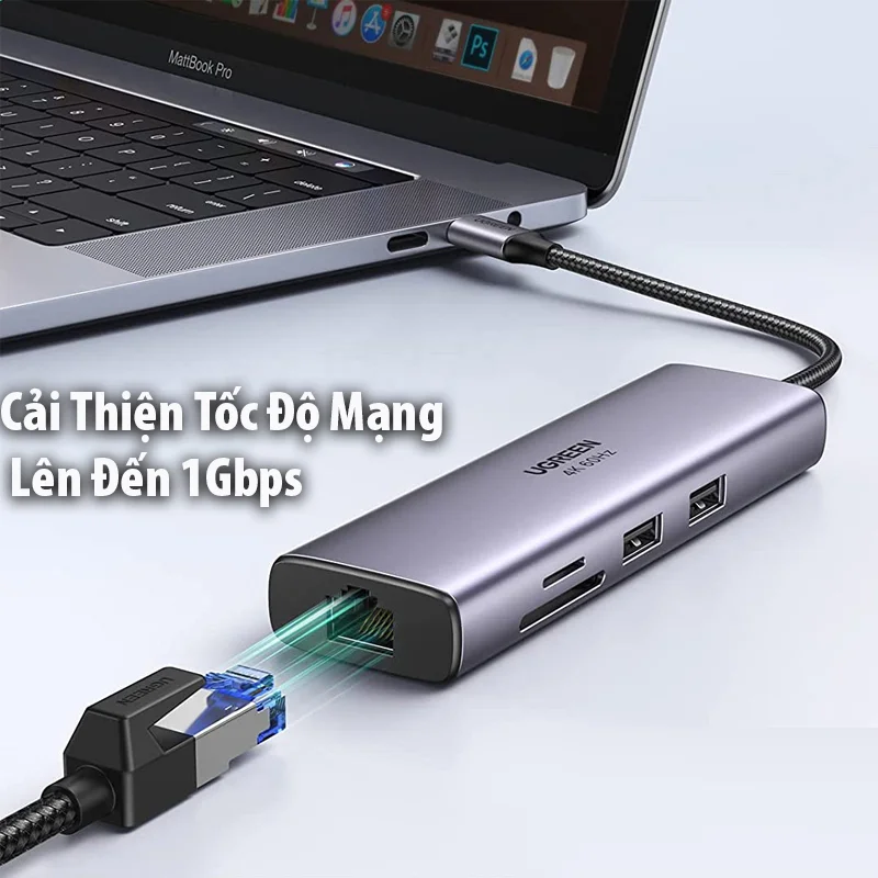Bộ chuyển đổi Type C UGREEN 60515 2xUSB 3.0, HDMI, RJ45, SD, TF + PD