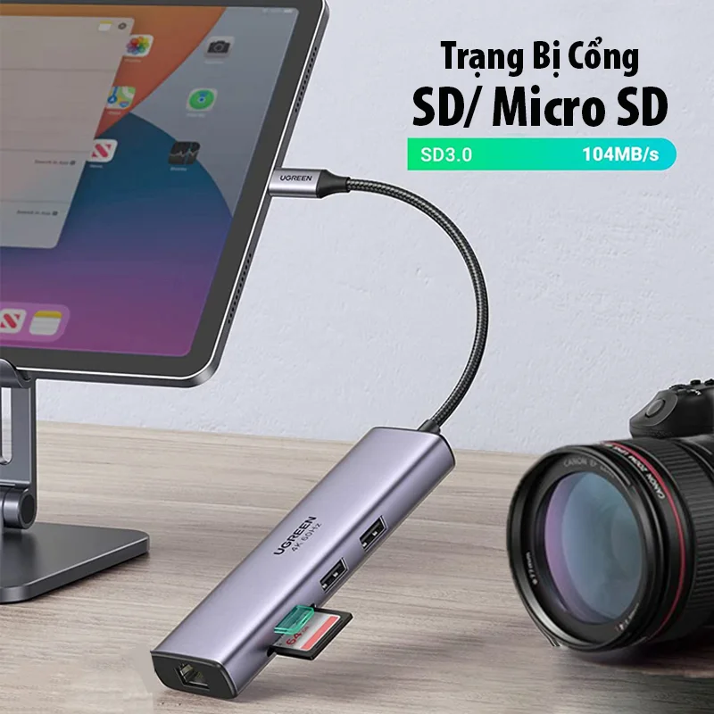 Bộ chuyển đổi Type C UGREEN 60515 2xUSB 3.0, HDMI, RJ45, SD, TF + PD — ảnh 6