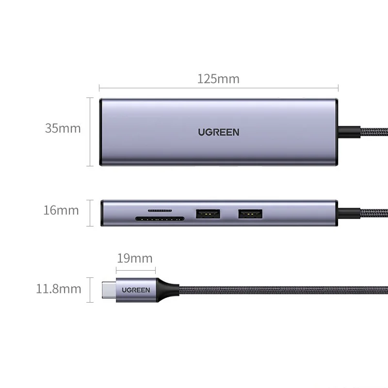 Bộ chuyển đổi Type C UGREEN 60515 2xUSB 3.0, HDMI, RJ45, SD, TF + PD