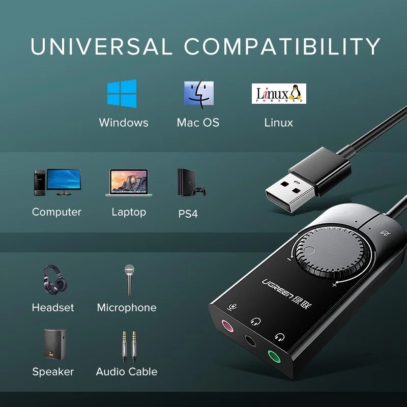 Bộ chuyển đổi USB 2.0 ra âm thanh 3.5mm (1mic +2 tai nghe) Ugreen (40964)