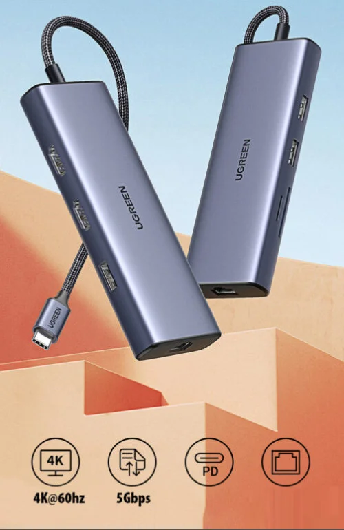 Bộ chuyển đổi USB C sang 2*USB 3.0 + 1*USB 2.0+2*HDMI+RJ45+SD&TF Ugreen (90119)