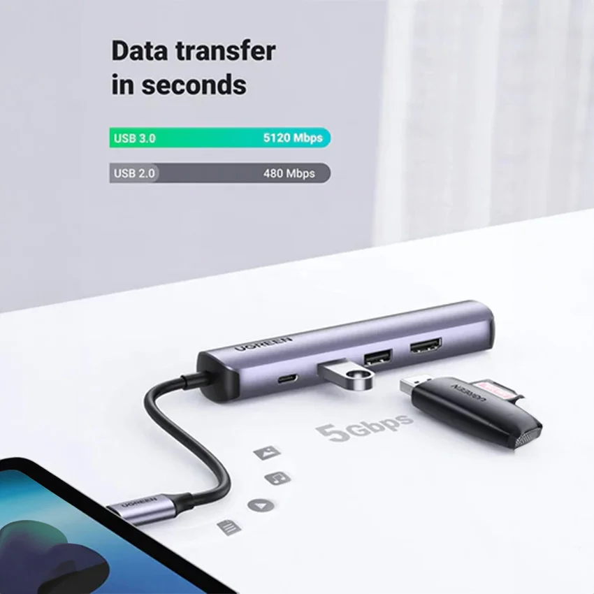 Bộ chuyển đổi USB-C sang 2*USB 3.0+HDMI+RJ45+PD Ugreen (10919)
