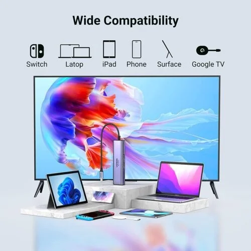 Bô chuyển đổi USB-C sang 2*USB 3.0+HDMI RJ45, SD TF và PD hỗ trợ 4K Ugreen (60515)