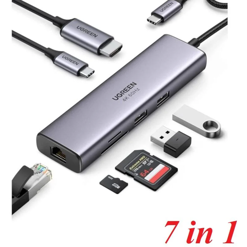Bô chuyển đổi USB-C sang 2*USB 3.0+HDMI RJ45, SD TF và PD hỗ trợ 4K Ugreen (60515)