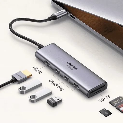 Bô chuyển đổi USB-C sang 2*USB 3.0+HDMI SD TF và PD hỗ trợ 4K Ugreen (60383)