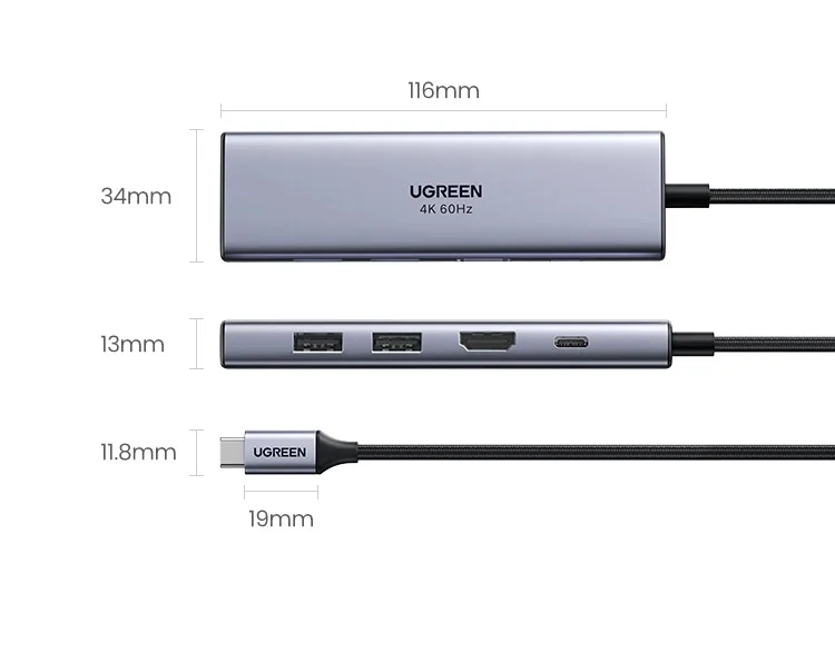 Bộ chuyển đổi USB-C sang 2xUSB 3.0 + HDMI SD TF và PD hỗ trợ 4K Ugreen (60384)