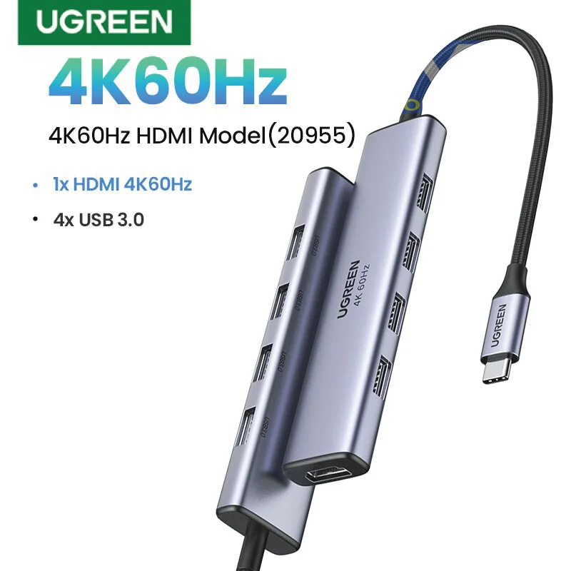 Bộ chuyển đổi USB-C sang 3 USB 3.0, HDMI, RJ45 màu xám Ugreen (20955) — ảnh 2