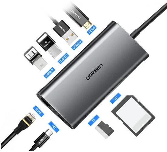 Bộ chuyển đổi USB-C sang 3*USB 3.0+HDMI+RJ45+SD&TF màu xám Ugreen (50538)