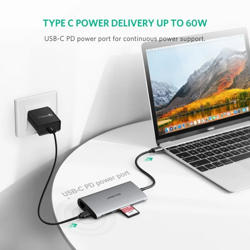 Bộ chuyển đổi USB-C sang 3*USB 3.0+HDMI+RJ45+SD&TF màu xám Ugreen (50538)