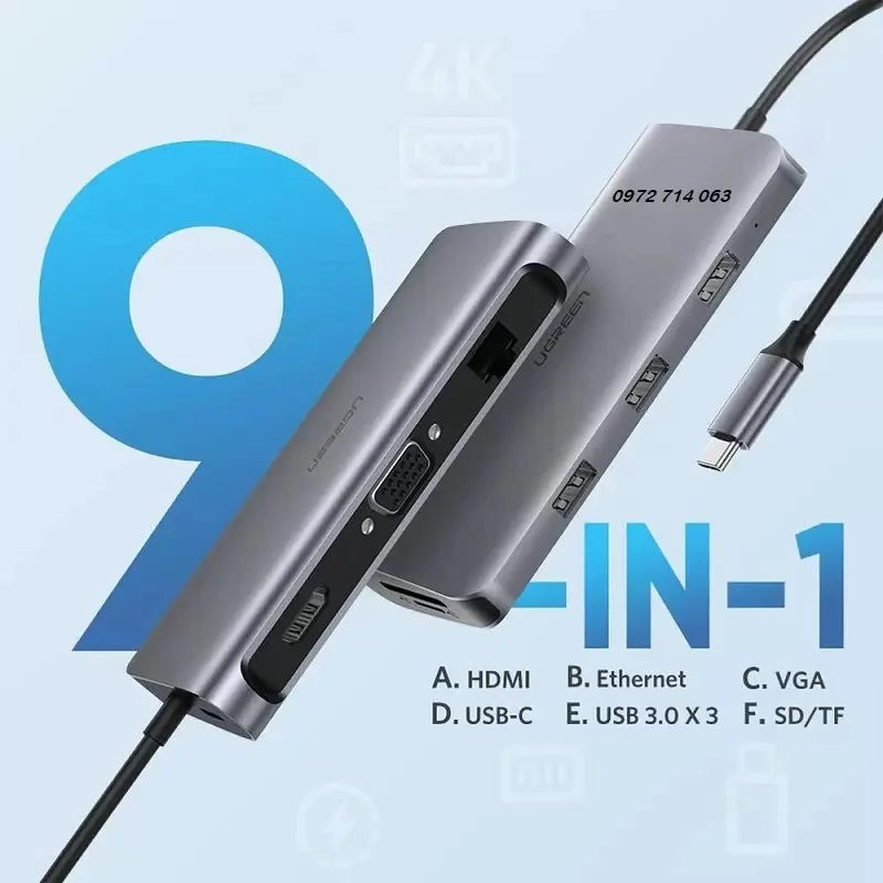 Bộ chuyển đổi USB-C sang 3*USB 3.0+HDMI+RJ45+SD&TF Ugreen (70490) — ảnh 2