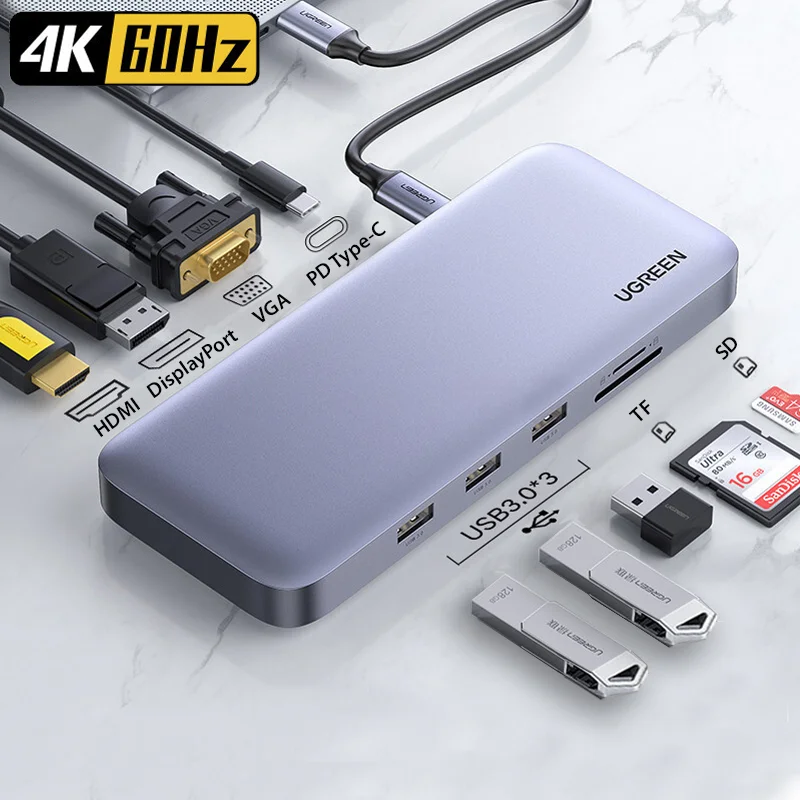 Bộ chuyển đổi USB-C sang 3*USB 3.0+HDMI+VGA+DP+RJ45+SD&TF Ugreen (70305) — ảnh 3