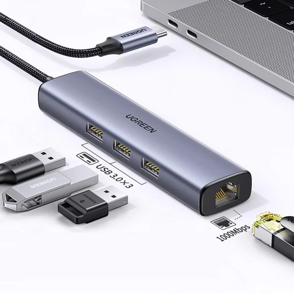 Bộ chuyển đổi USB-C sang 3*USB 3.0 và RJ45 màu xám Ugreen (20920)