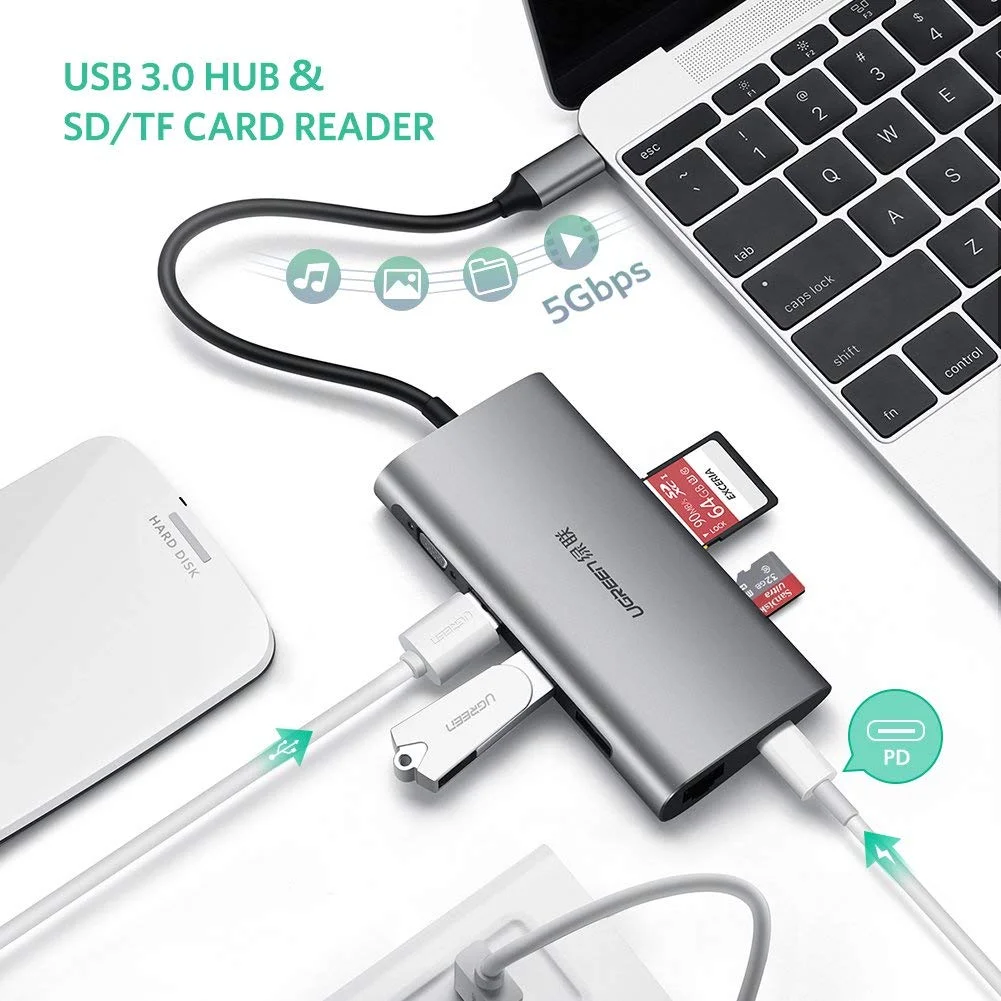 Bộ chuyển đổi USB-C sang 3*USB 3.0+VGA+RJ45+SD&TF màu xám Ugreen ( 50539)