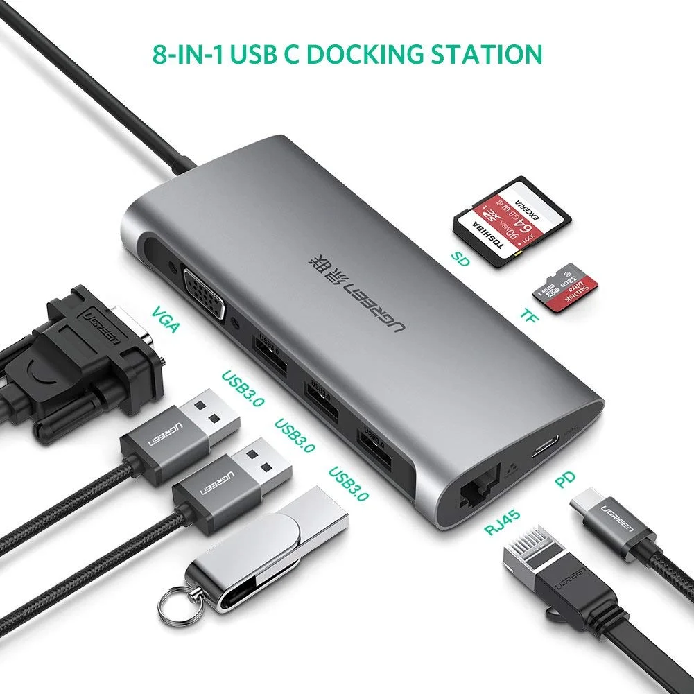 Bộ chuyển đổi USB-C sang 3*USB 3.0+VGA+RJ45+SD&TF màu xám Ugreen ( 50539)