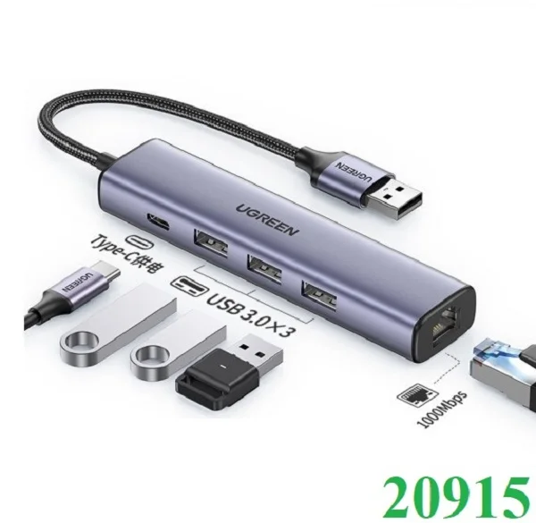 Bộ chuyển đổi USB C sang cổng mạng LAN và 3 USB 3.0 màu xám Ugreen (20915) — ảnh 2
