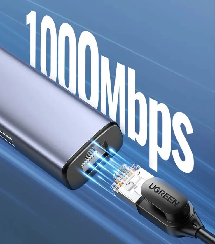 Bộ chuyển đổi USB C sang cổng mạng LAN và 3 USB 3.0 màu xám Ugreen (20915)