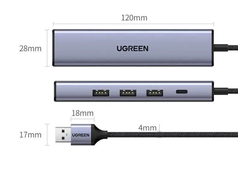 Bộ chuyển đổi USB C sang cổng mạng LAN và 3 USB 3.0 màu xám Ugreen (20915)