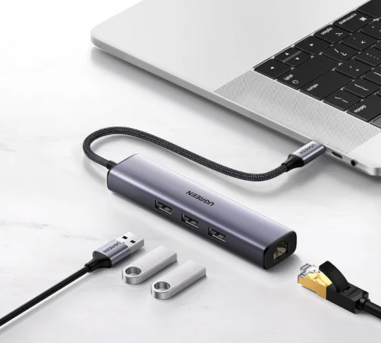 Bộ chuyển đổi USB C sang cổng mạng LAN và 3 USB 3.0 màu xám Ugreen (20932)