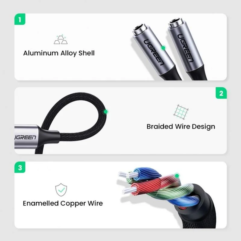 Bộ chuyển đổi USB Type C sang 2 cổng Audio 3.5mm Ugreen (tai nghe và mic) dài 20cm Ugreen (30732)