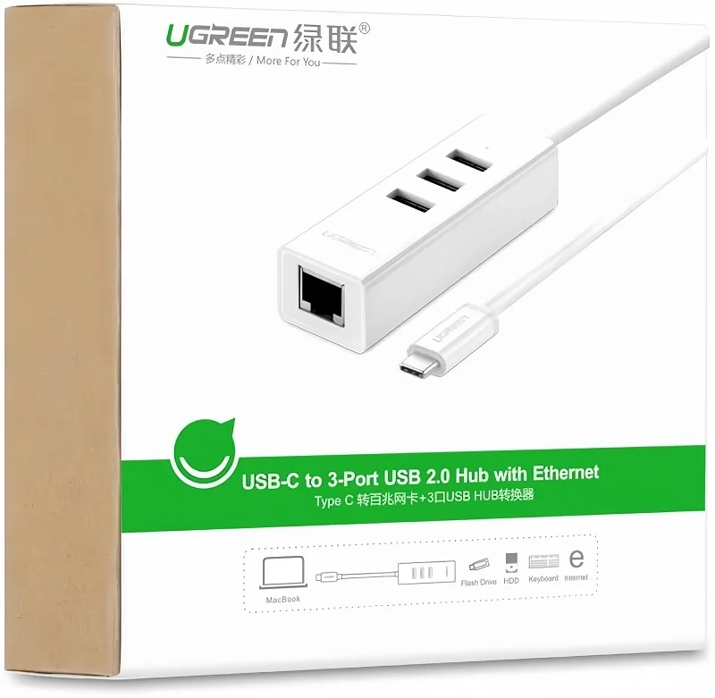 Bộ chuyển đổi USB Type-C sang cổng mạng Ethernet + hub USB 2.0 2 cổng, màu trắng Ugreen (20792)