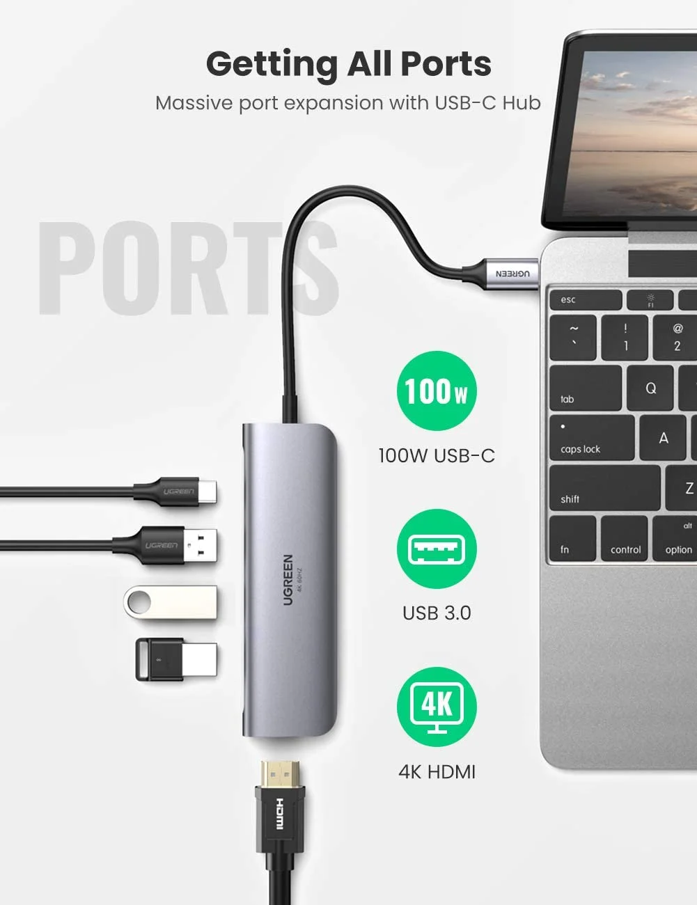 Bộ chuyển đổi USB Type-C sang HDMI 4K60Hz + USB 3.0*3 + PD Ugreen (70495)