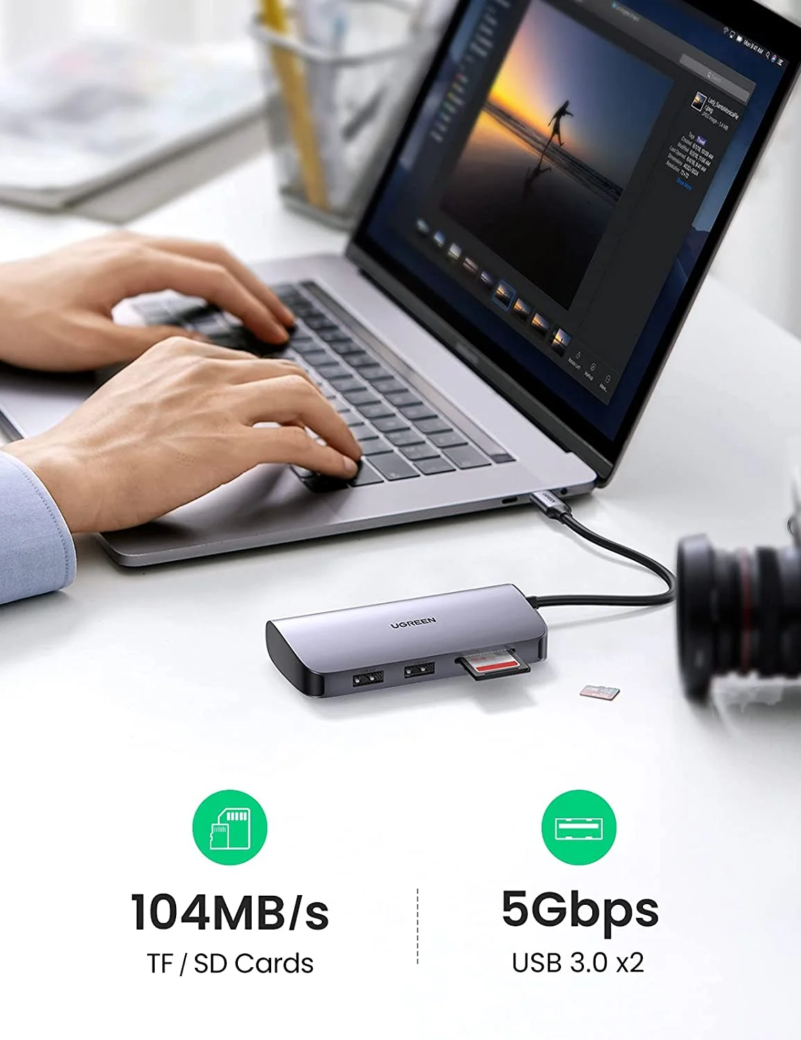 Bộ chuyển đổi USB Type-C sang HDMI+SD+TF+2 cổng USB 3.0+RJ45 Ugreen (50852)