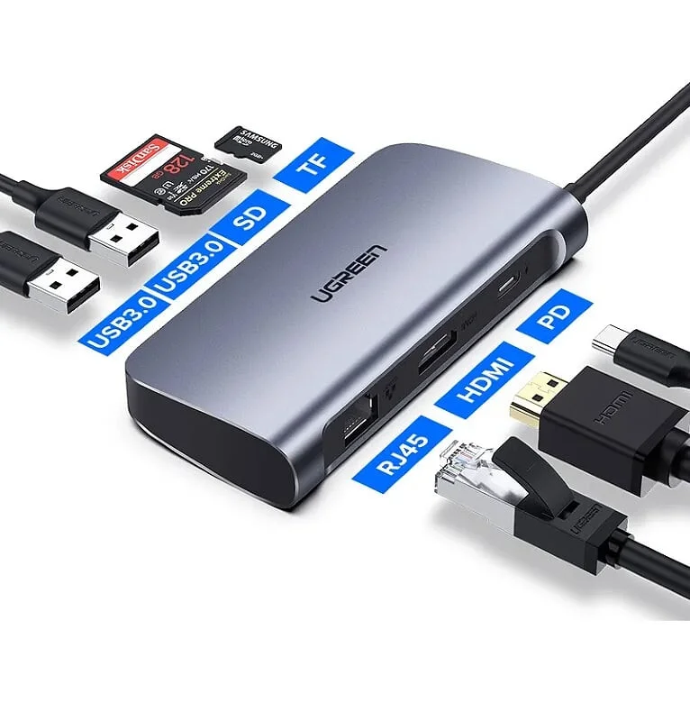 Bộ chuyển đổi USB Type-C sang HDMI+SD+TF+2 cổng USB 3.0+RJ45 Ugreen (50852)