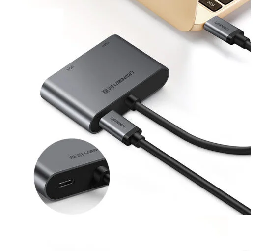 Bộ chuyển đổi USB Type-C sang HDMI+VGA màu xám, kèm cổng sạc Ugreen (50505)
