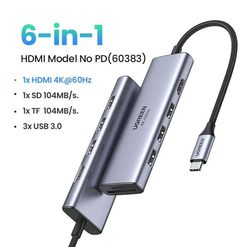 Bộ chuyển Type C sang 1xHDMI + 3xUSB3.0+SD/ TF Chính hãng UGREEN 60383