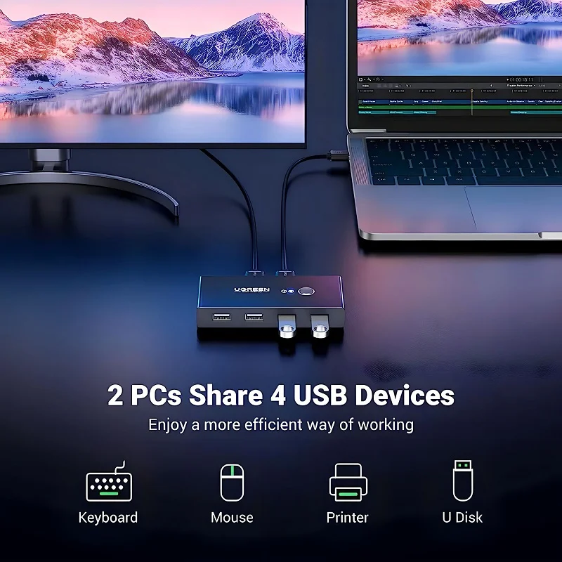 Bộ switch chia cổng USB 2.0 2 vào 4 ra màu đen Ugreen (30767) — ảnh 2